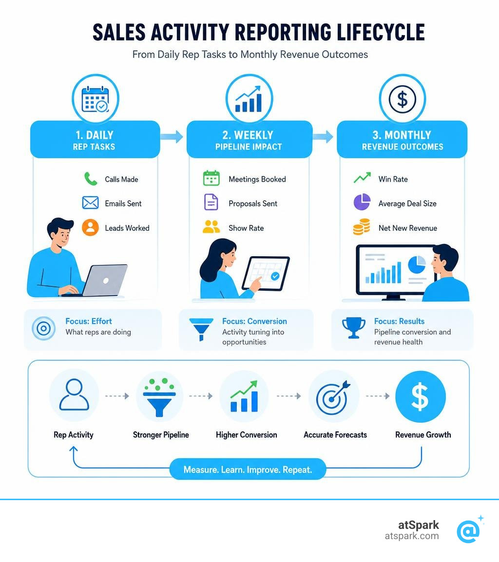 sales activity reporting lifecycle from daily rep tasks to monthly revenue outcomes infographic