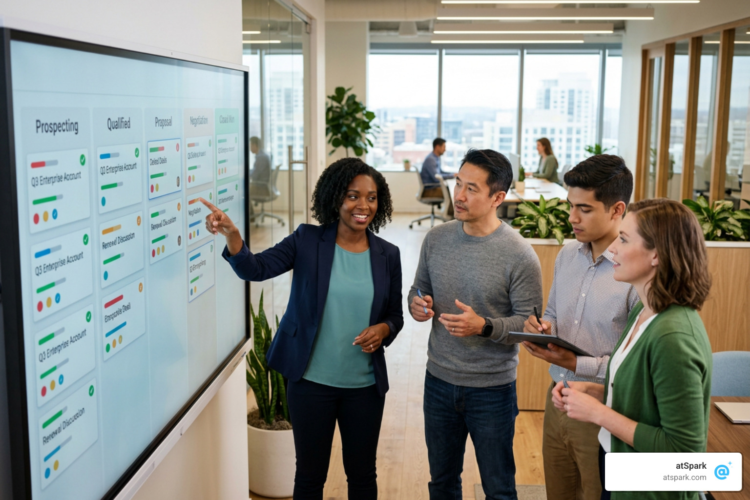 Sales team prioritizing high-probability deals on a digital Kanban board Sales team prioritizing high-probability deals on a digital Kanban board