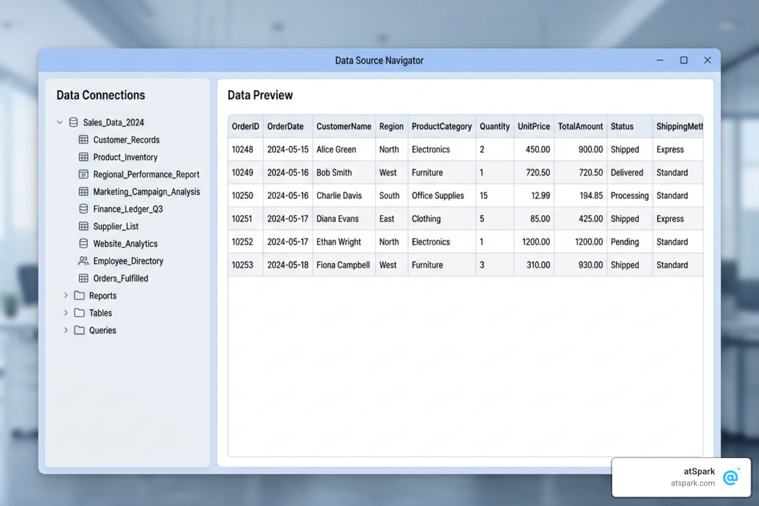 Power Query Navigator showing Salesforce tables and reports list