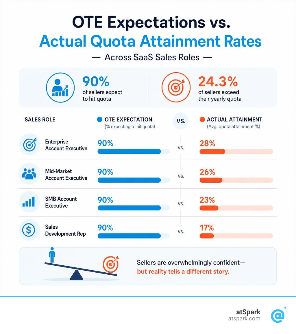 Infographic: OTE expectations vs actual quota attainment rates across SaaS sales roles infographic