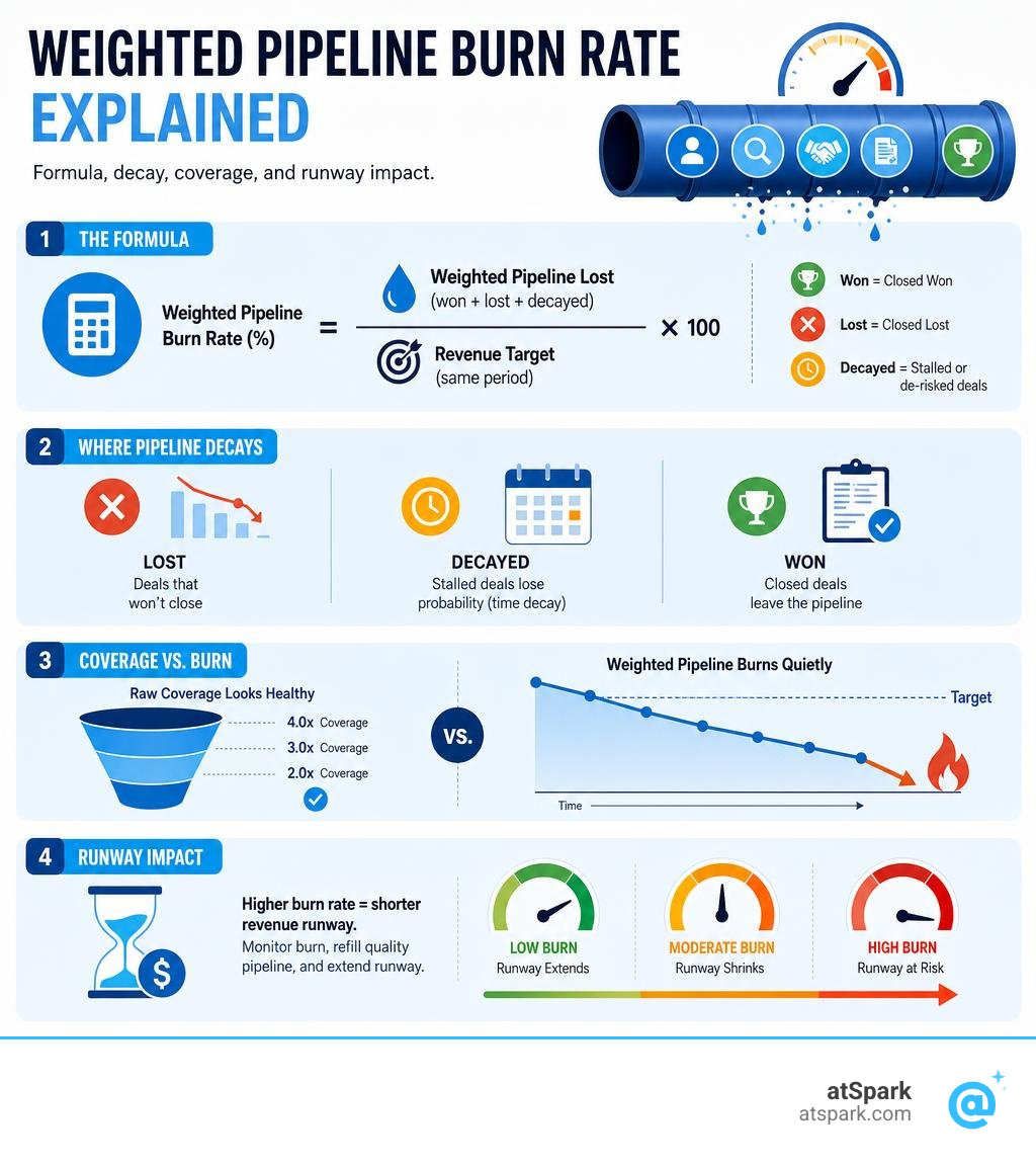 Weighted pipeline burn rate explained: formula, decay, coverage, and runway impact infographic