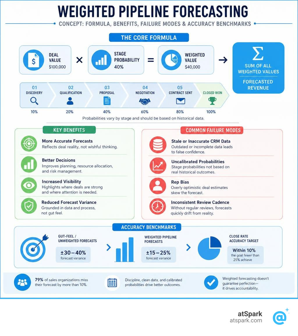 Weighted pipeline forecasting concept: formula, benefits, failure modes, and accuracy benchmarks infographic