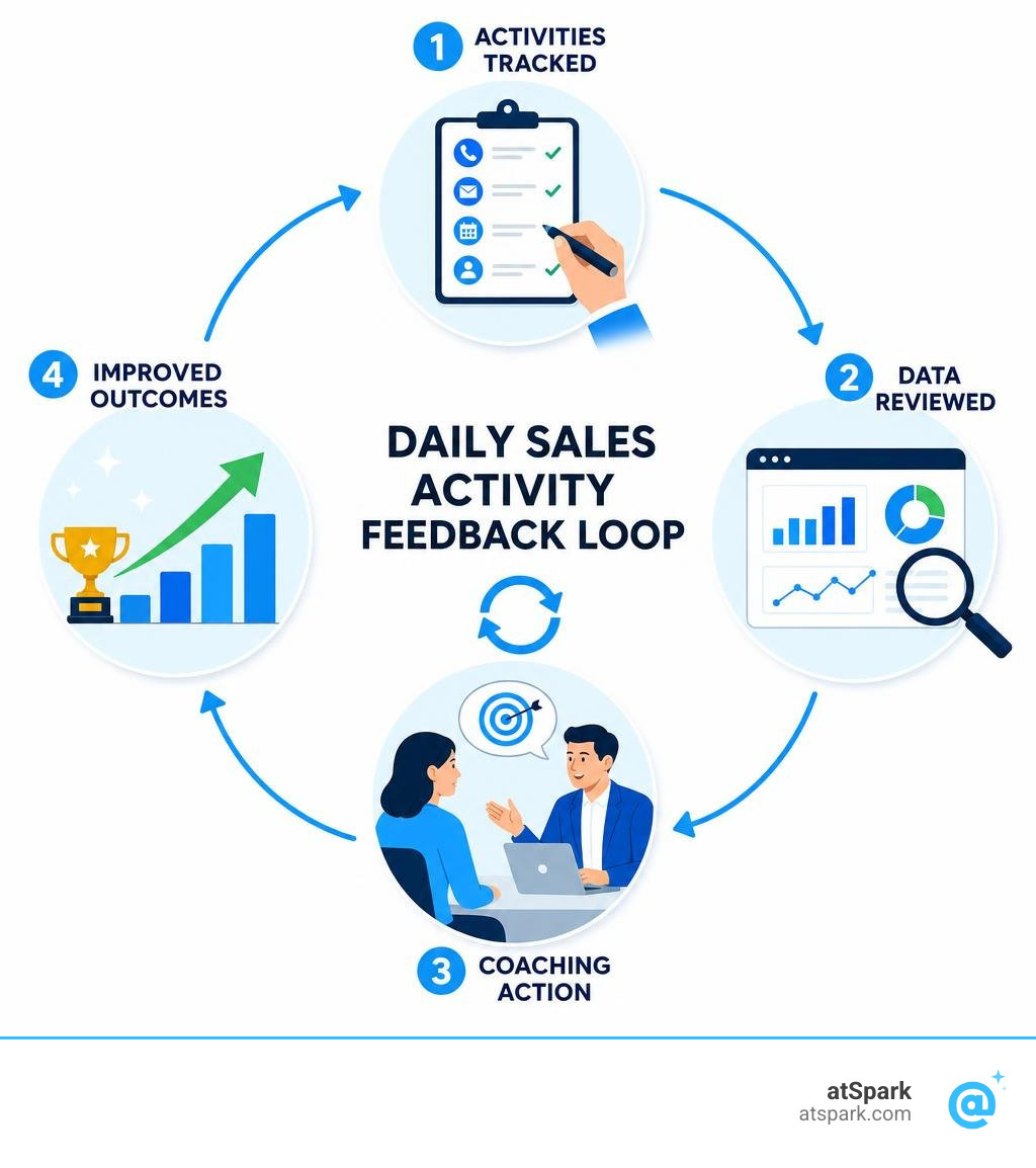 Daily sales activity feedback loop: activities tracked to data reviewed to coaching action to improved outcomes infographic