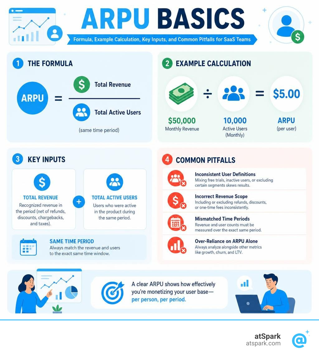 ARPU basics: formula, example calculation, key inputs, and common pitfalls for SaaS teams infographic ARPU basics: formula, example calculation, key inputs, and common pitfalls for SaaS teams infographic