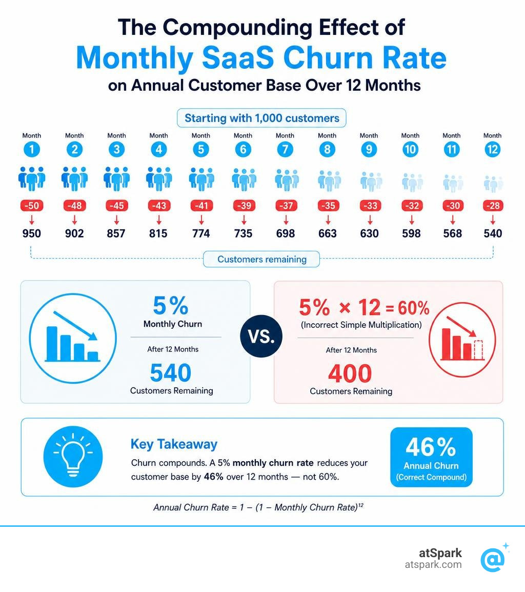 Compounding effect of monthly SaaS churn rate on annual customer base over 12 months infographic