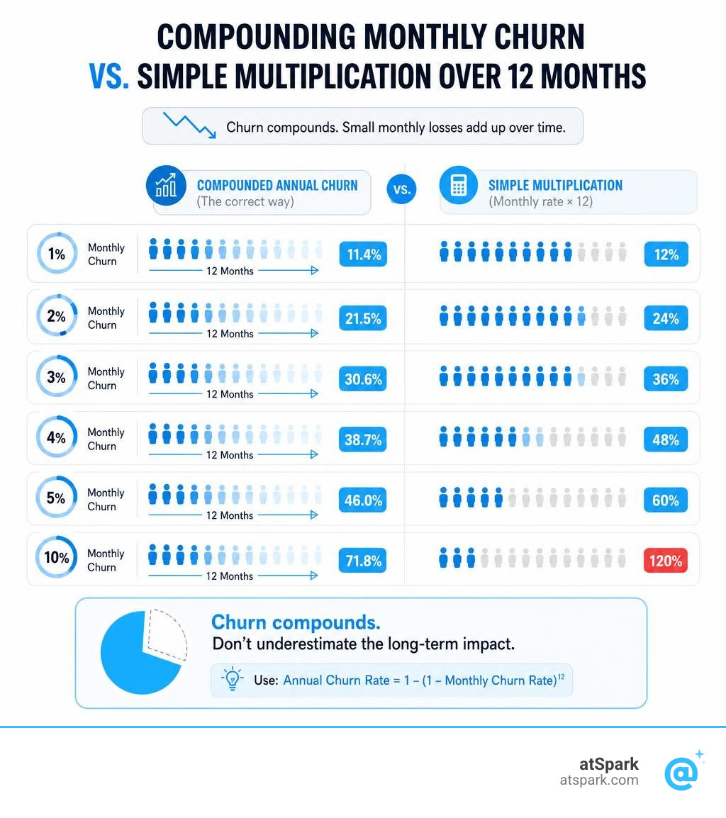 Compounding monthly churn versus simple multiplication over 12 months infographic