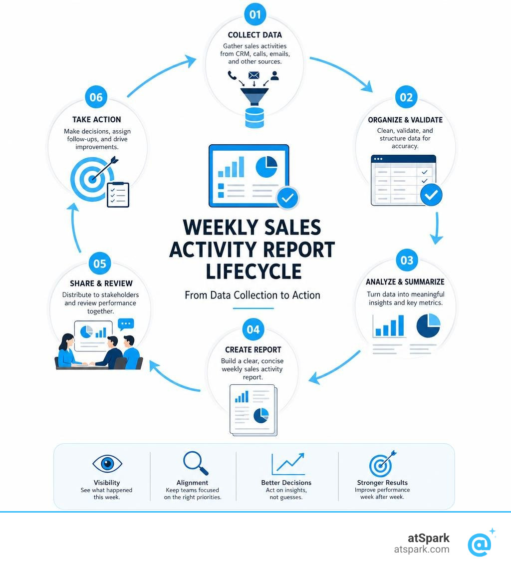 Weekly sales activity report lifecycle from data collection to action infographic