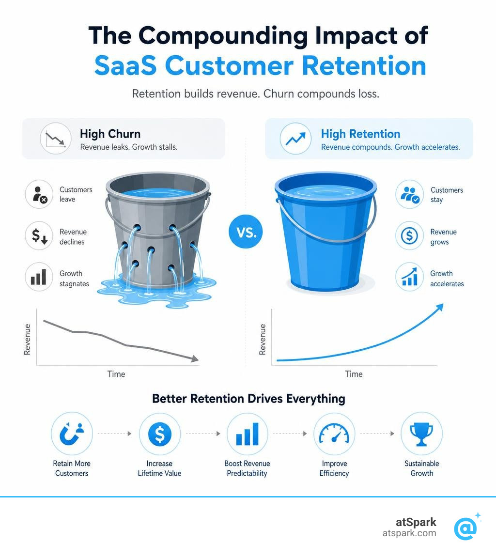 Compounding impact of SaaS customer retention on revenue growth and churn infographic