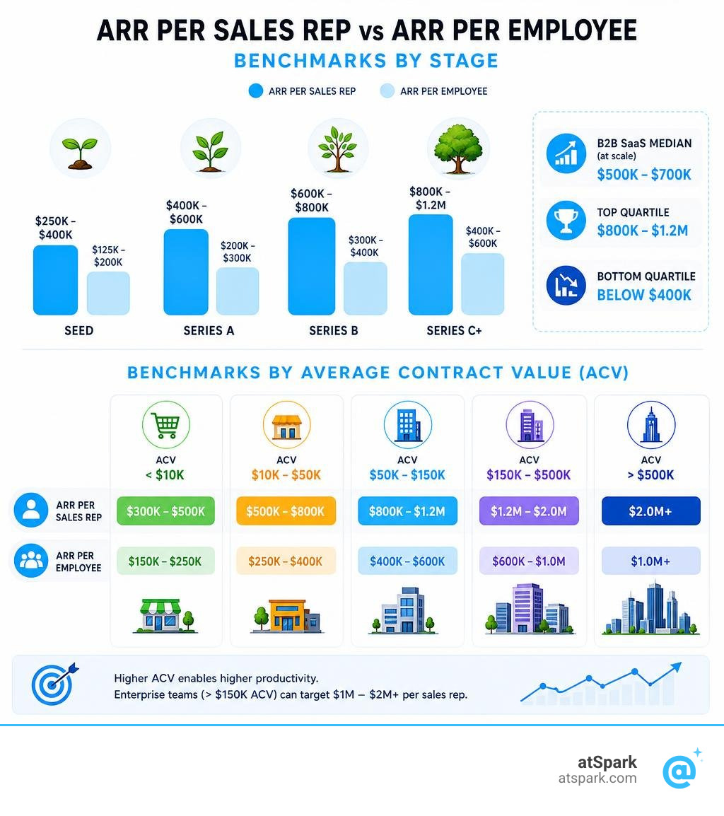 ARR per sales rep vs ARR per employee benchmarks infographic by stage and ACV infographic