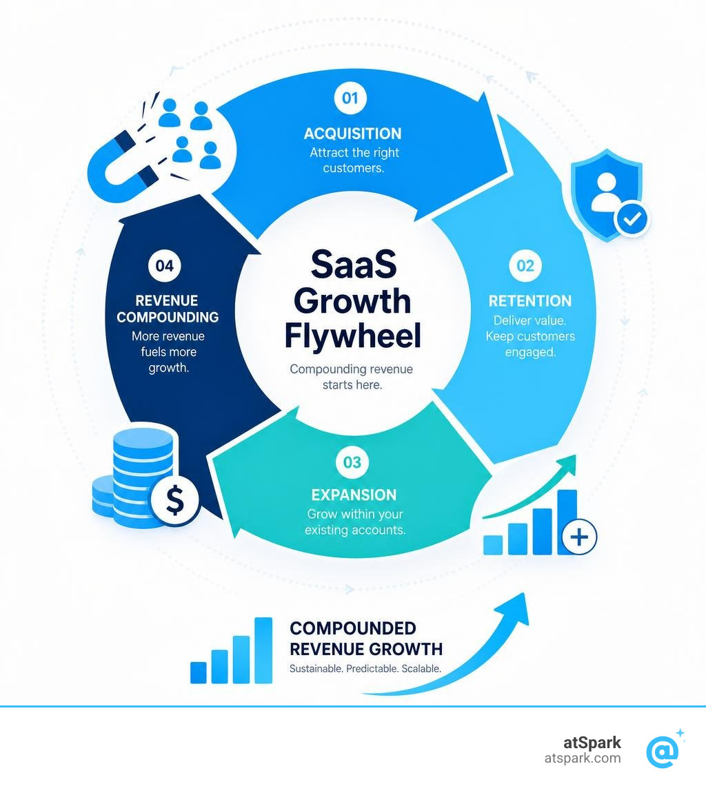 SaaS growth flywheel showing acquisition, retention, expansion, and revenue compounding infographic
