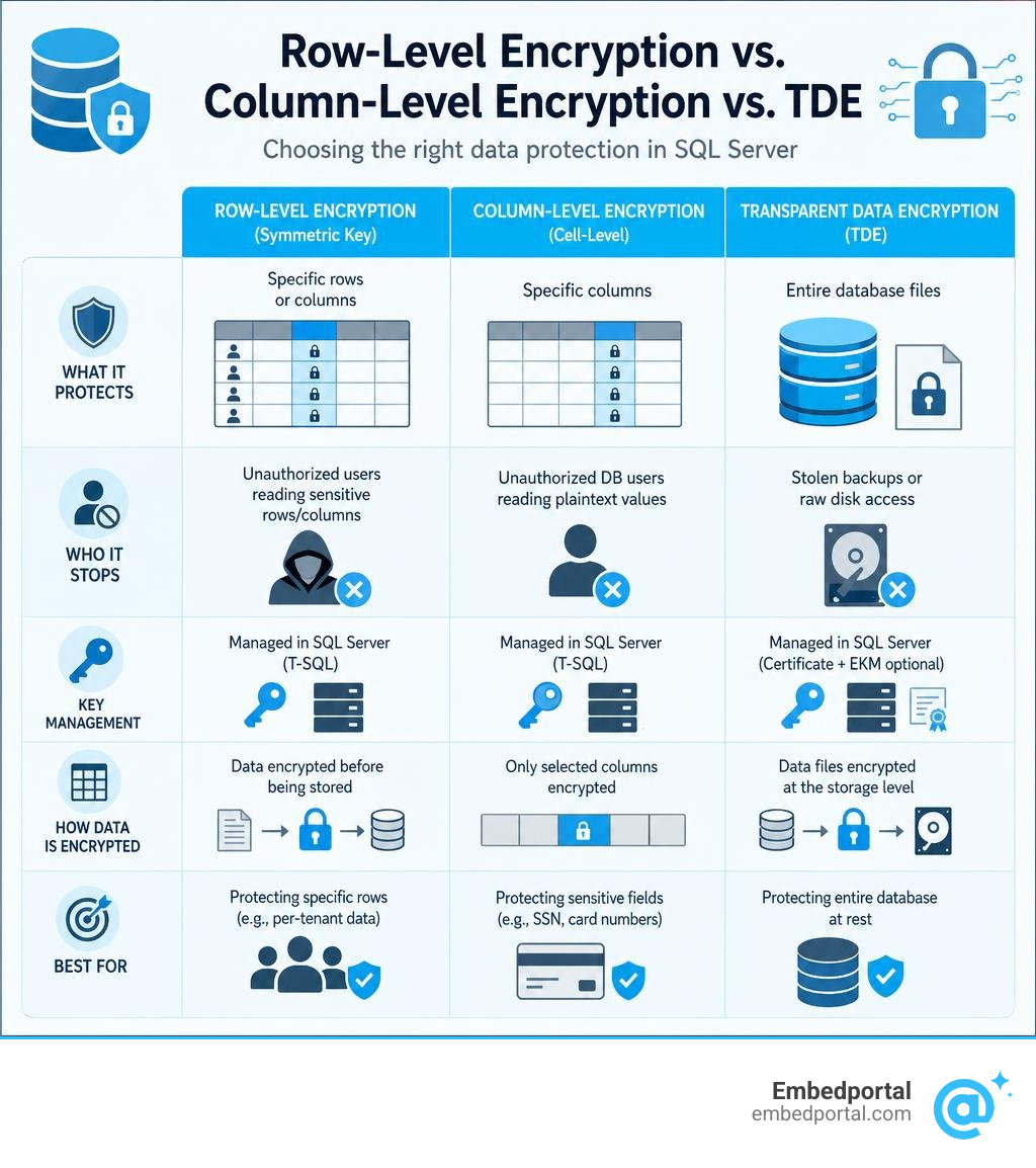 Row-level encryption vs column-level encryption vs TDE in SQL Server comparison infographic infographic