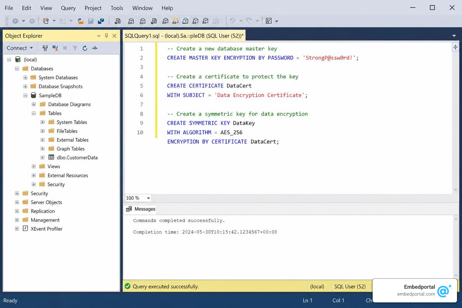 SQL Server Management Studio query window showing T-SQL encryption statements
