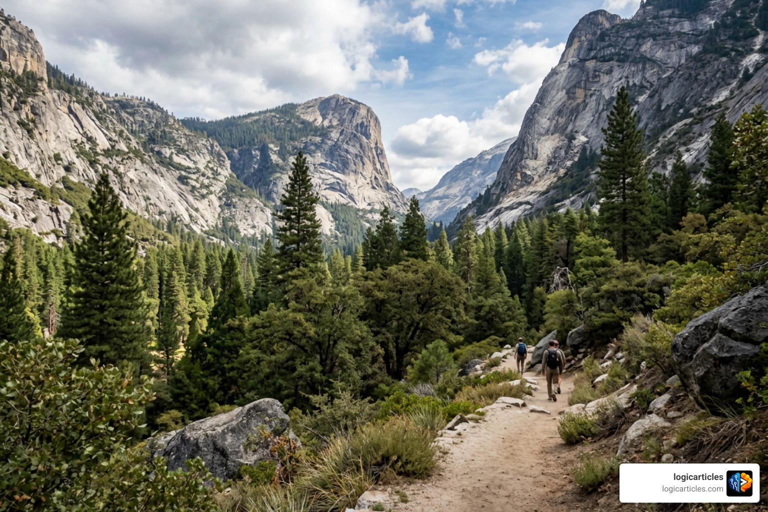 A serene hiking trail winding through Yosemite National Park A serene hiking trail winding through Yosemite National Park