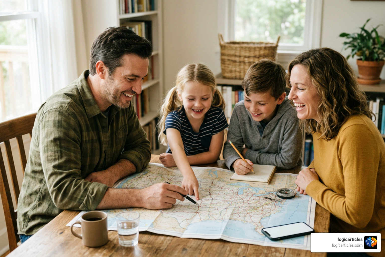 A happy family planning their next great American road trip on a map A happy family planning their next great American road trip on a map