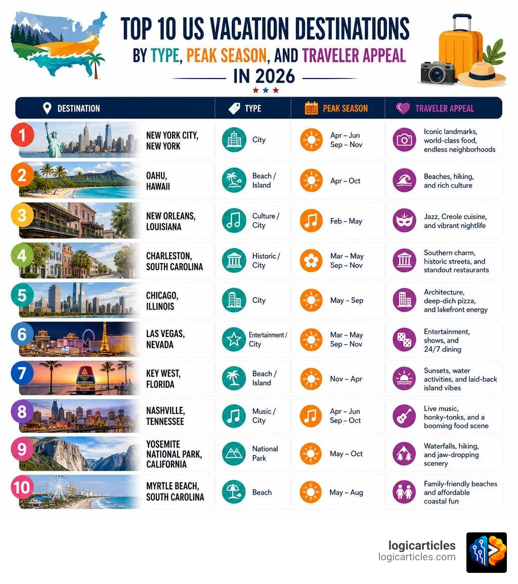 Top 10 US vacation destinations by type, peak season, and traveler appeal in 2026 infographic Top 10 US vacation destinations by type, peak season, and traveler appeal in 2026 infographic