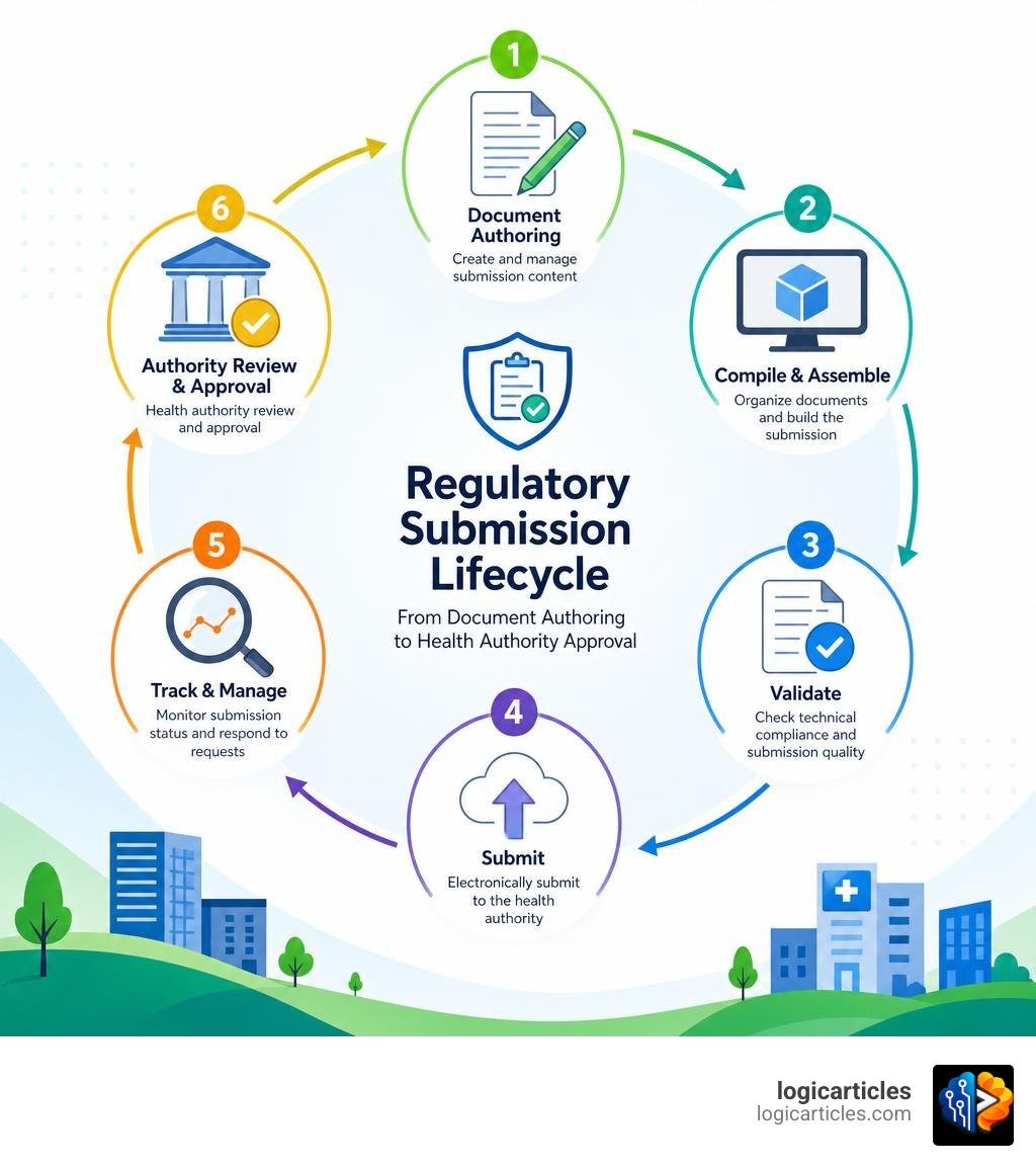 Regulatory submission lifecycle from document authoring to health authority approval infographic Regulatory submission lifecycle from document authoring to health authority approval infographic