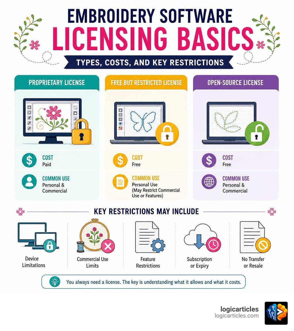 Embroidery software licensing basics: types, costs, and key restrictions infographic infographic Embroidery software licensing basics: types, costs, and key restrictions infographic infographic