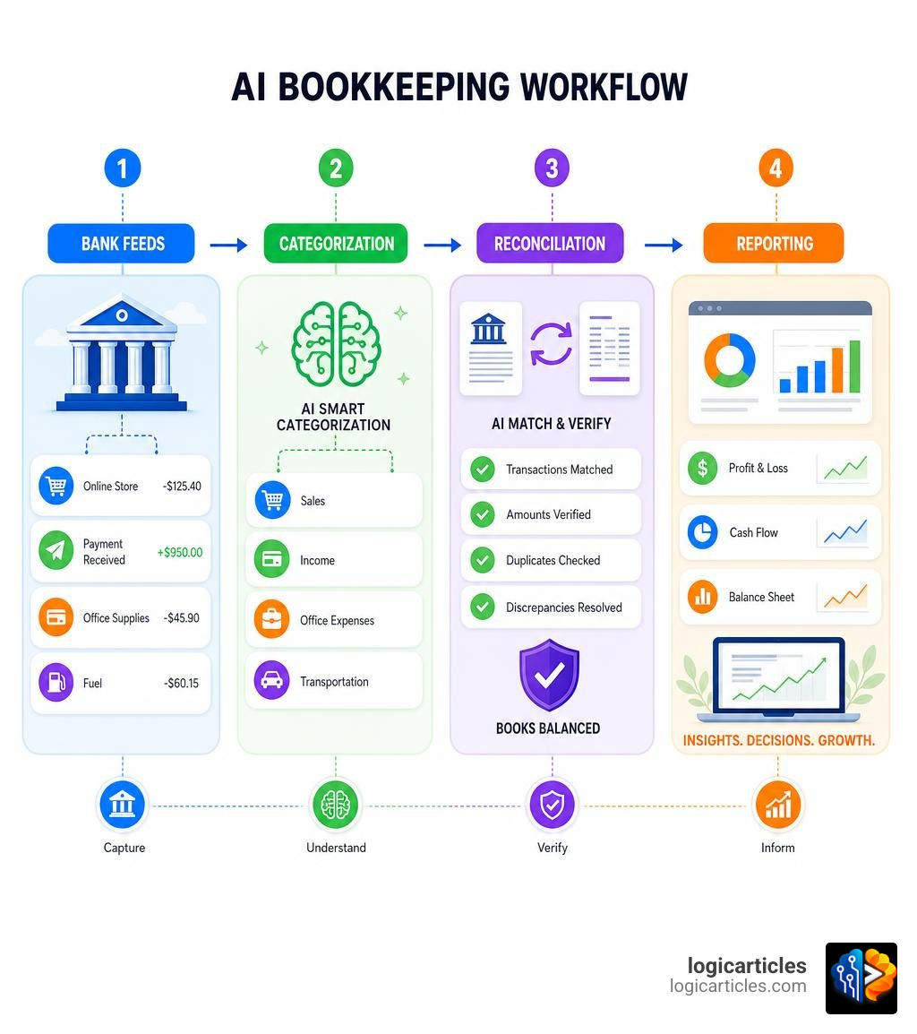 AI bookkeeping workflow: bank feeds to categorization to reconciliation to reporting infographic AI bookkeeping workflow: bank feeds to categorization to reconciliation to reporting infographic