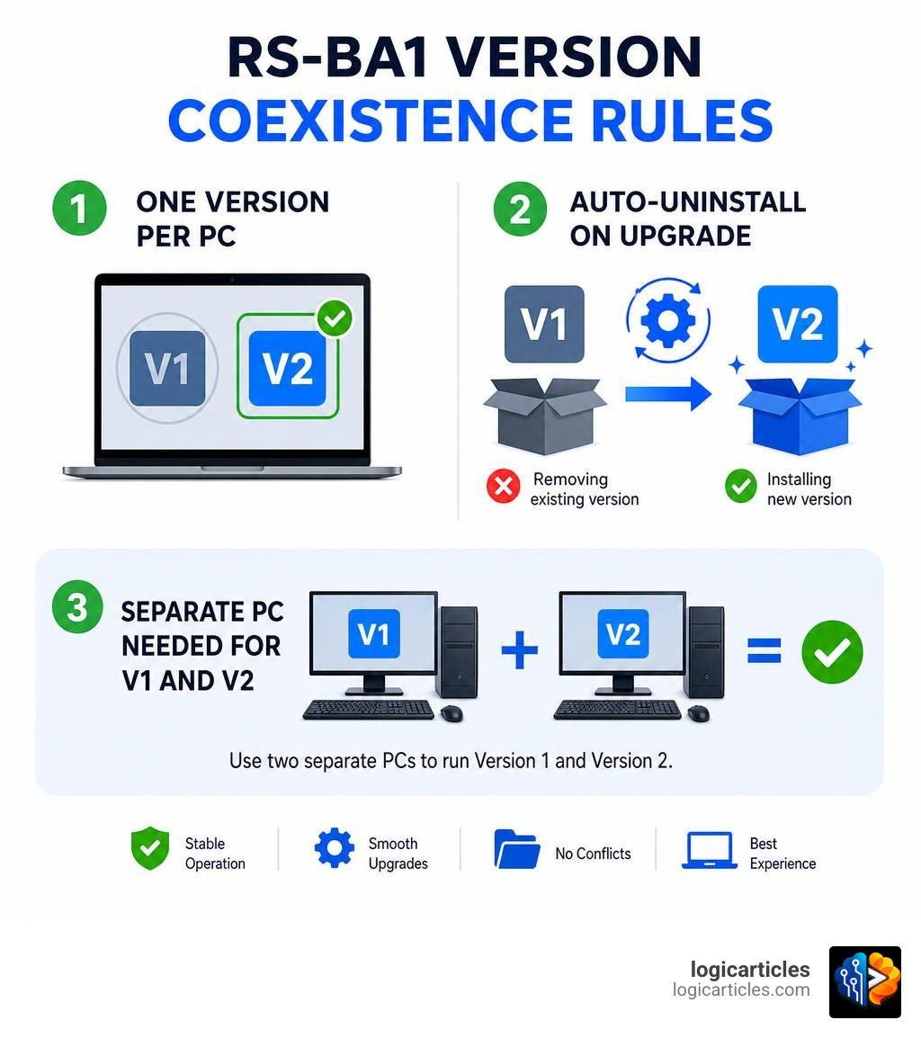 RS-BA1 version coexistence rules: one version per PC, auto-uninstall on upgrade, separate PC needed for v1 and v2 infographic RS-BA1 version coexistence rules: one version per PC, auto-uninstall on upgrade, separate PC needed for v1 and v2 infographic