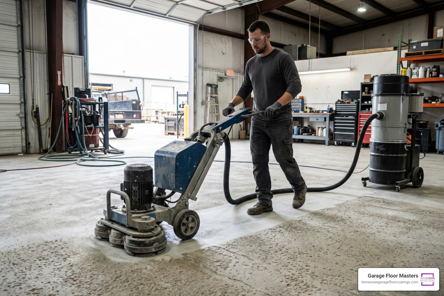 Professional installer operating an industrial diamond grinding machine on a concrete floor Professional installer operating an industrial diamond grinding machine on a concrete floor
