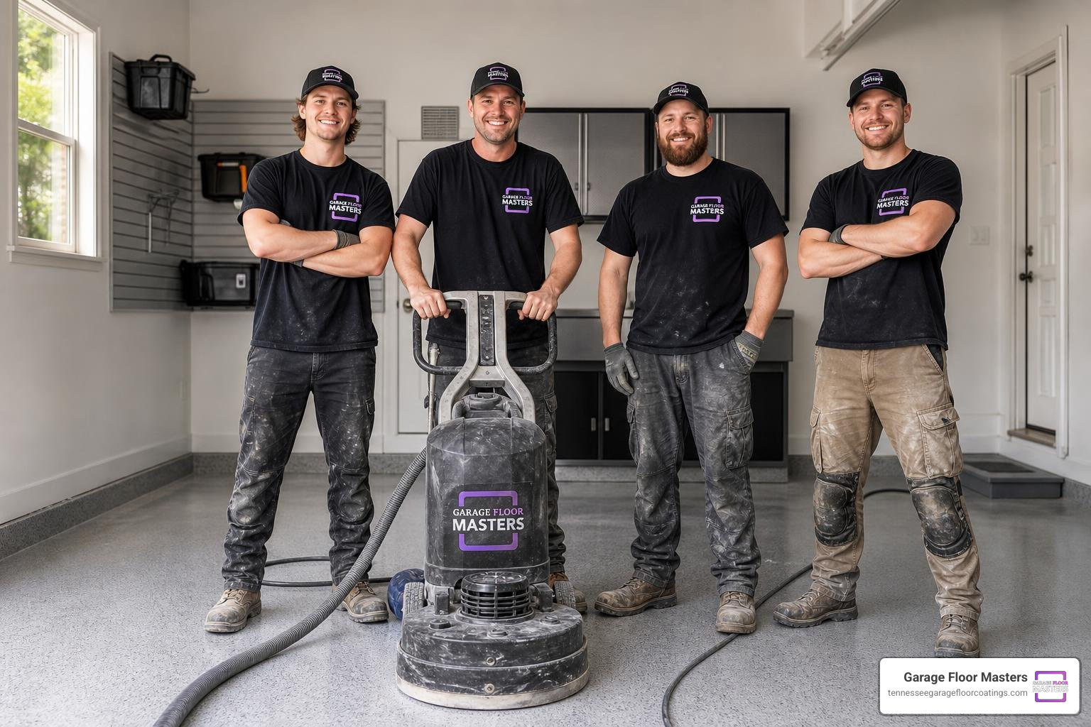 Garage Floor Masters team standing proudly with professional concrete grinding equipment Garage Floor Masters team standing proudly with professional concrete grinding equipment