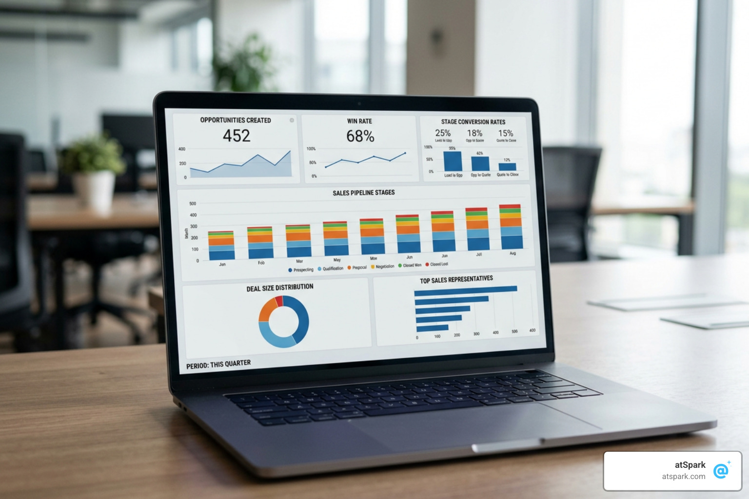 pipeline metrics dashboard showing opportunities created, win rate, and stage conversion