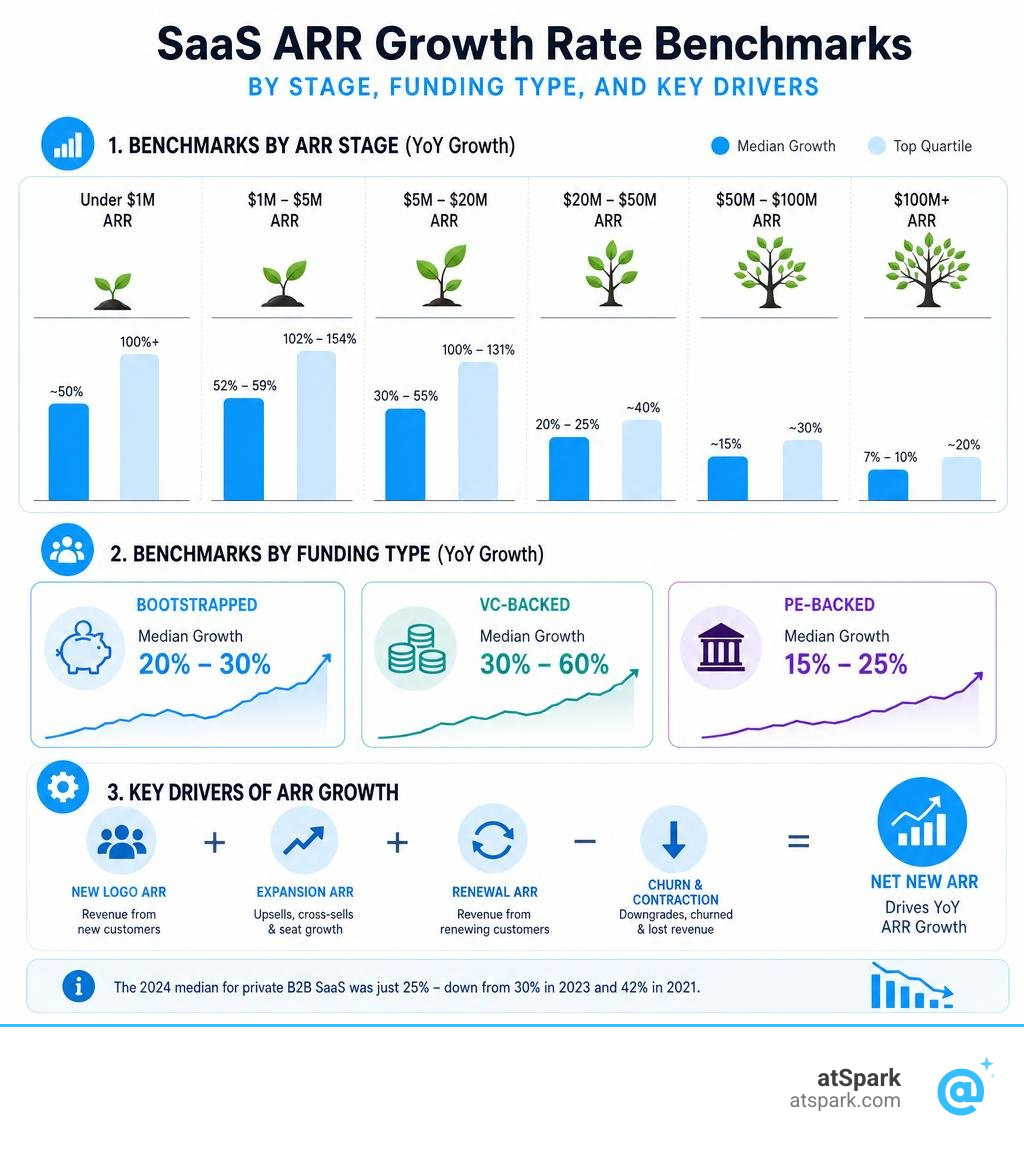 SaaS ARR growth rate benchmarks by stage, funding type, and key drivers infographic infographic