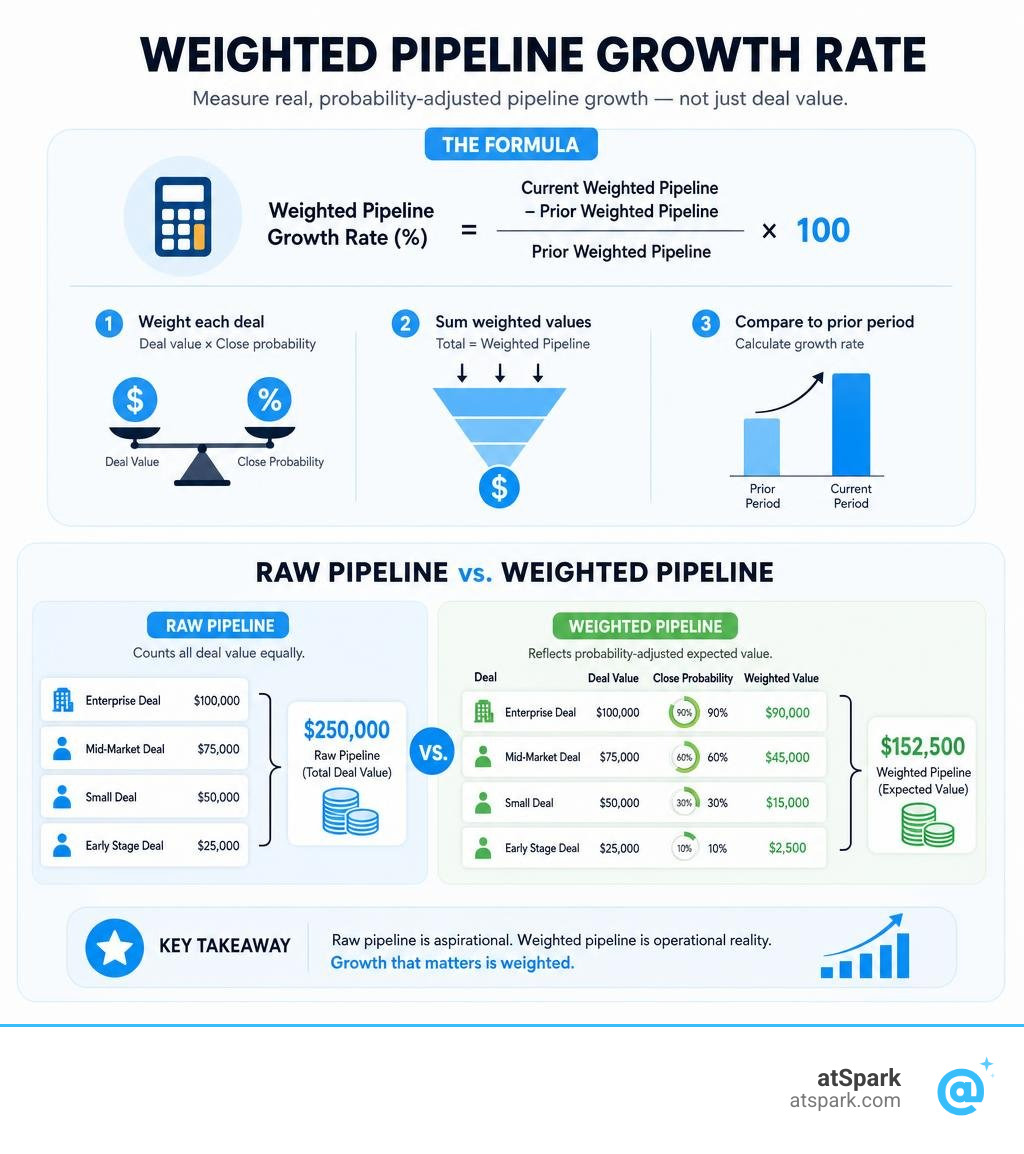 weighted pipeline growth rate formula infographic showing raw vs weighted pipeline comparison infographic