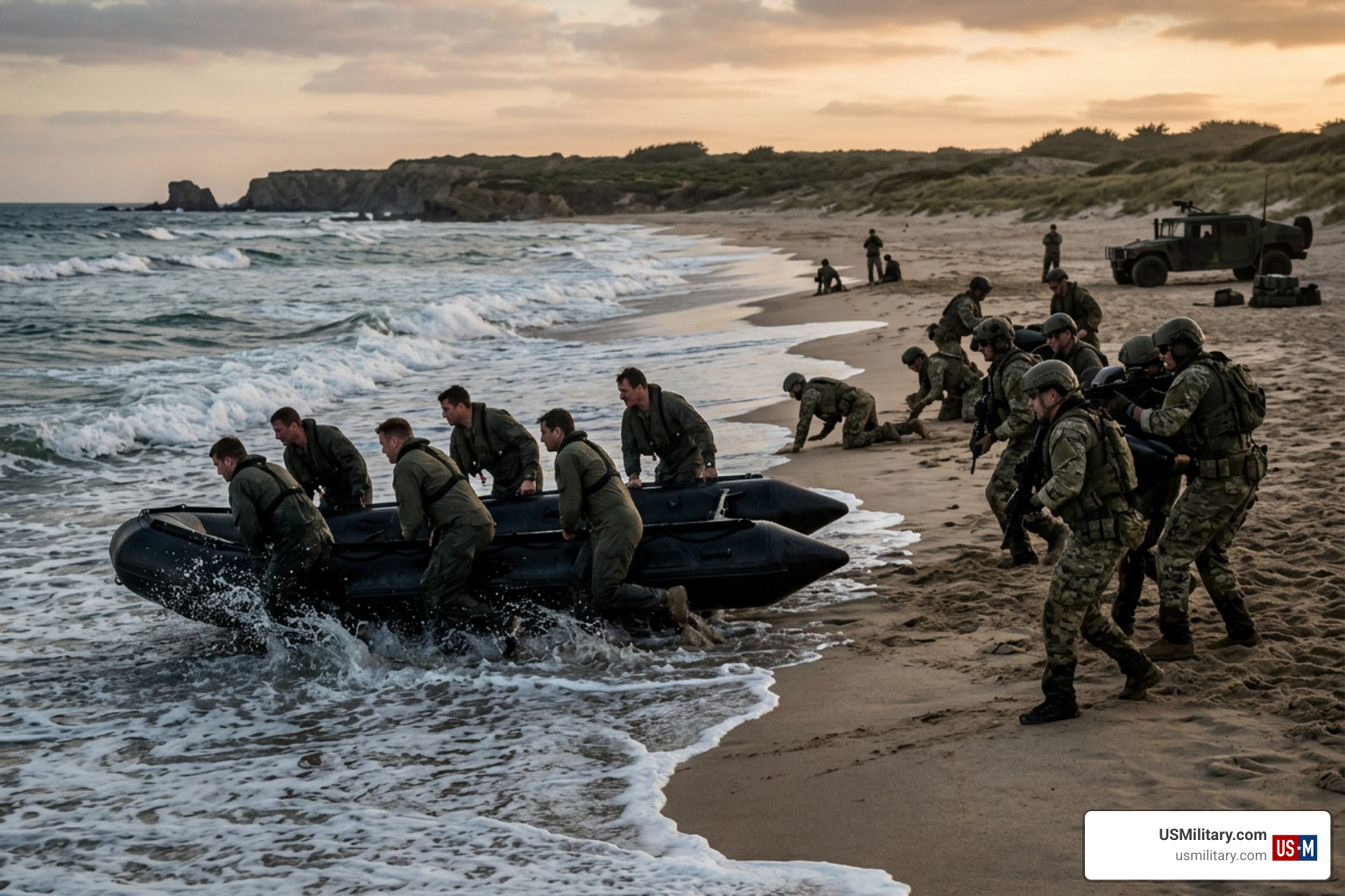 Navy SEALs in intense training exercises on the beach