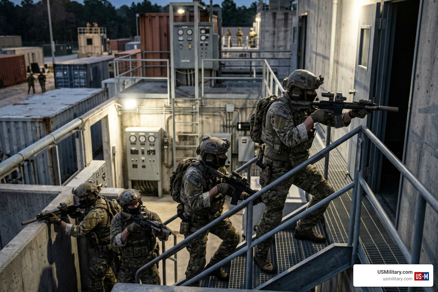 Navy SEALs in tactical gear during a training exercise