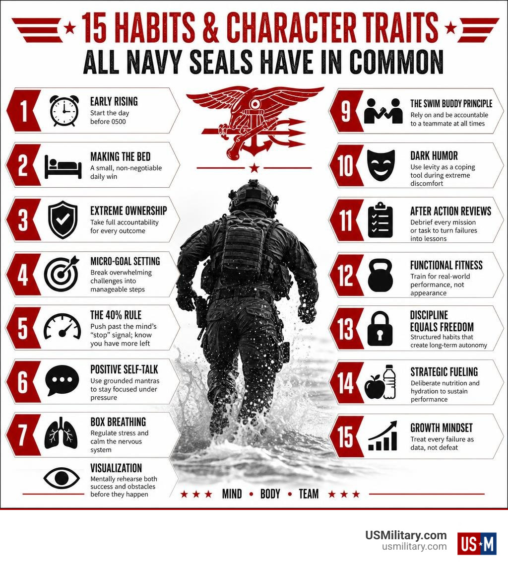 Infographic showing the 15 habits and character traits all Navy SEALs have in common infographic