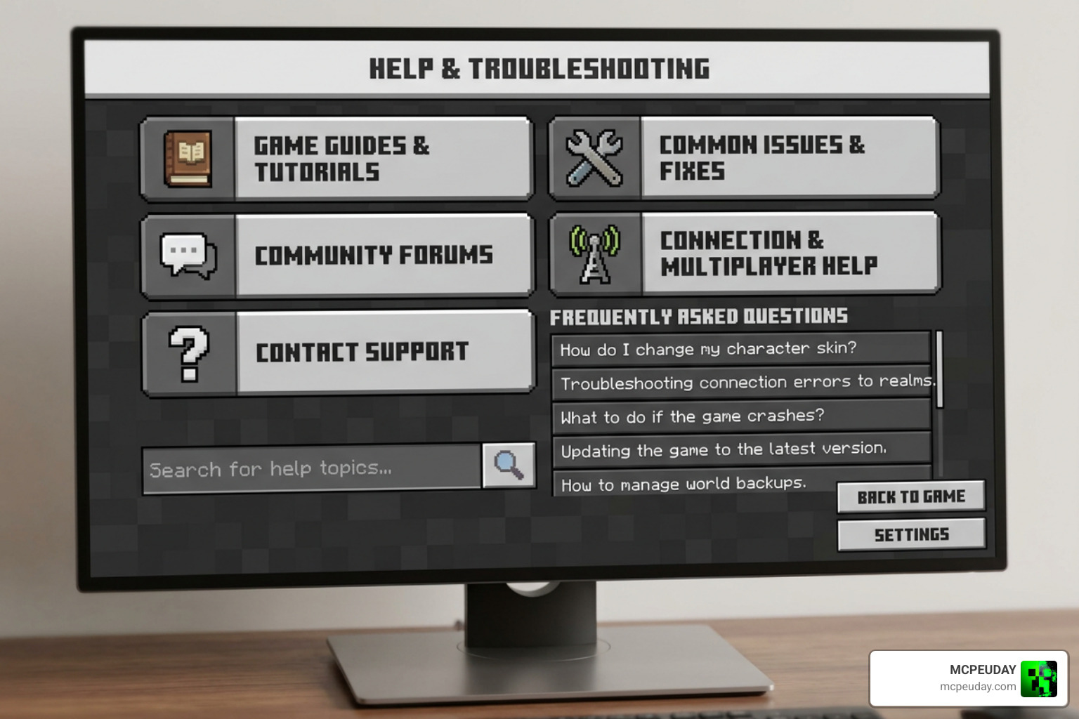 Minecraft help and troubleshooting interface Minecraft help and troubleshooting interface
