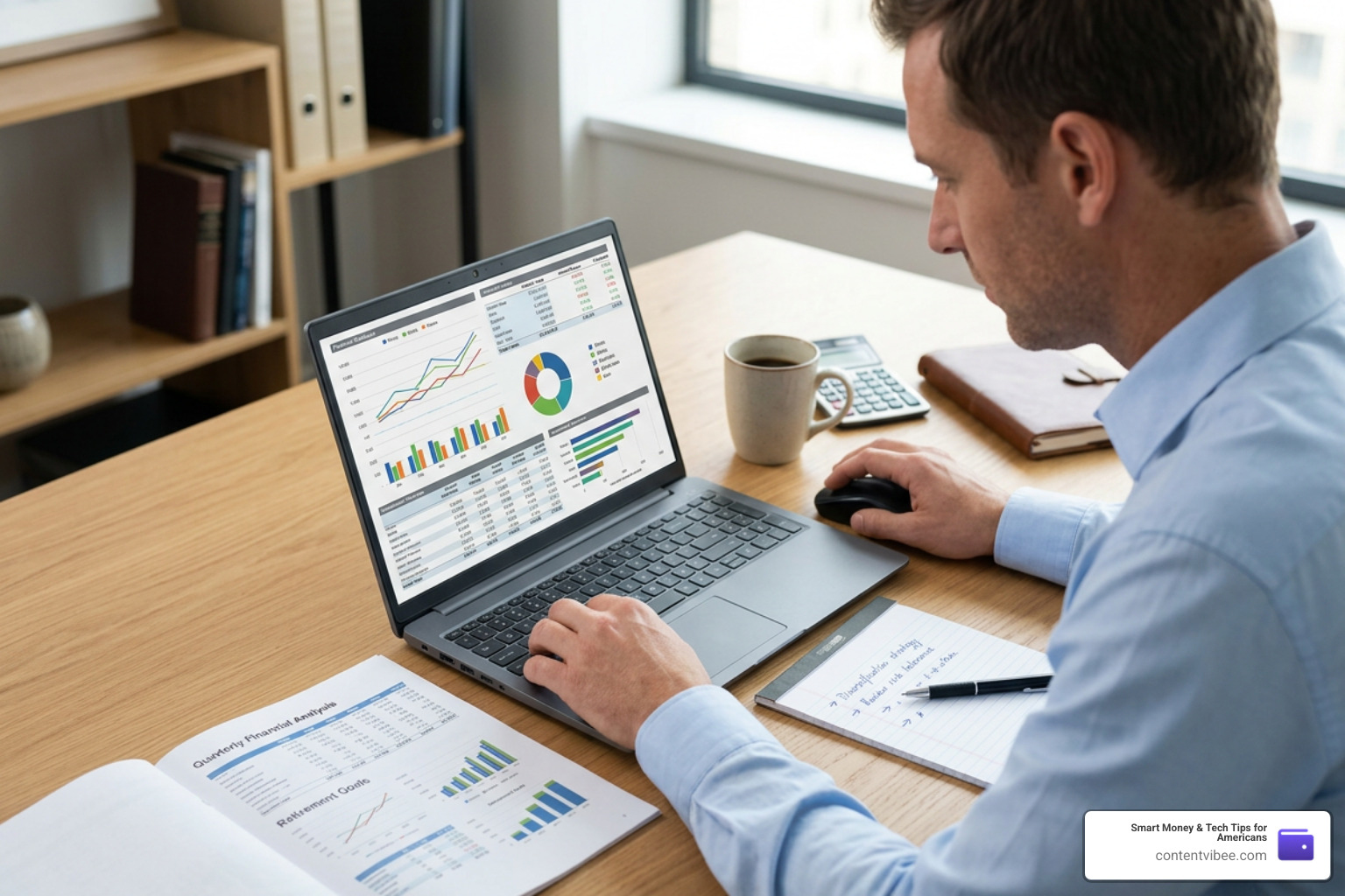 Financial planning documents and portfolio overview on a digital screen
