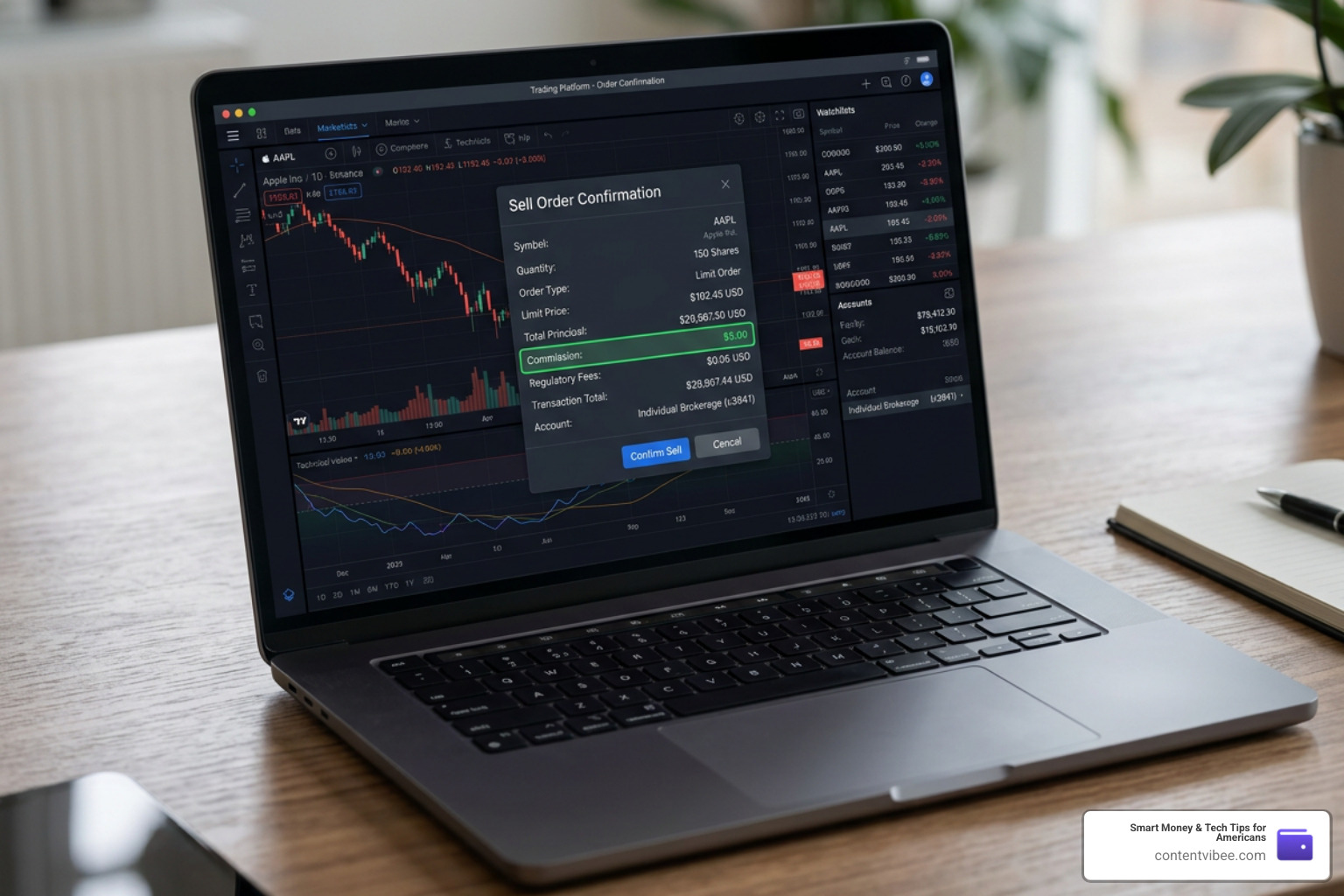 Online trading dashboard showing zero-dollar commission execution on stock sell orders