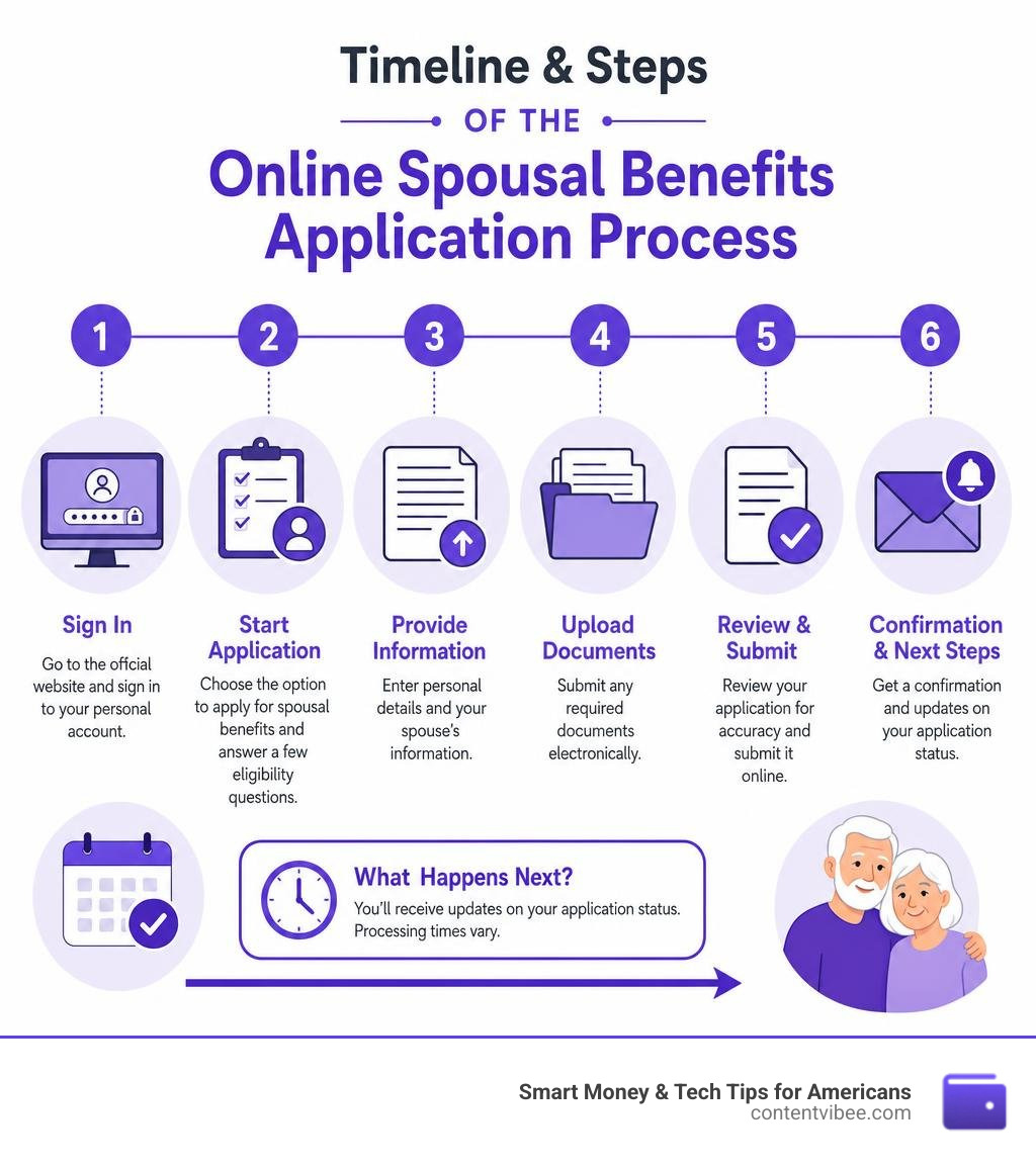 Timeline and steps of the online spousal benefits application process infographic