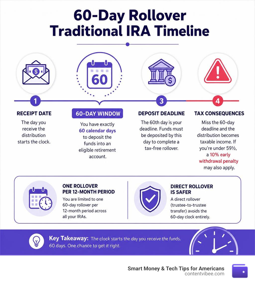 60-day rollover traditional IRA timeline showing receipt date, 60-day window, deposit deadline, and tax consequences