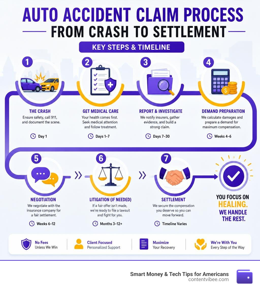 Auto accident claim process from crash to settlement — key steps and timeline infographic infographic