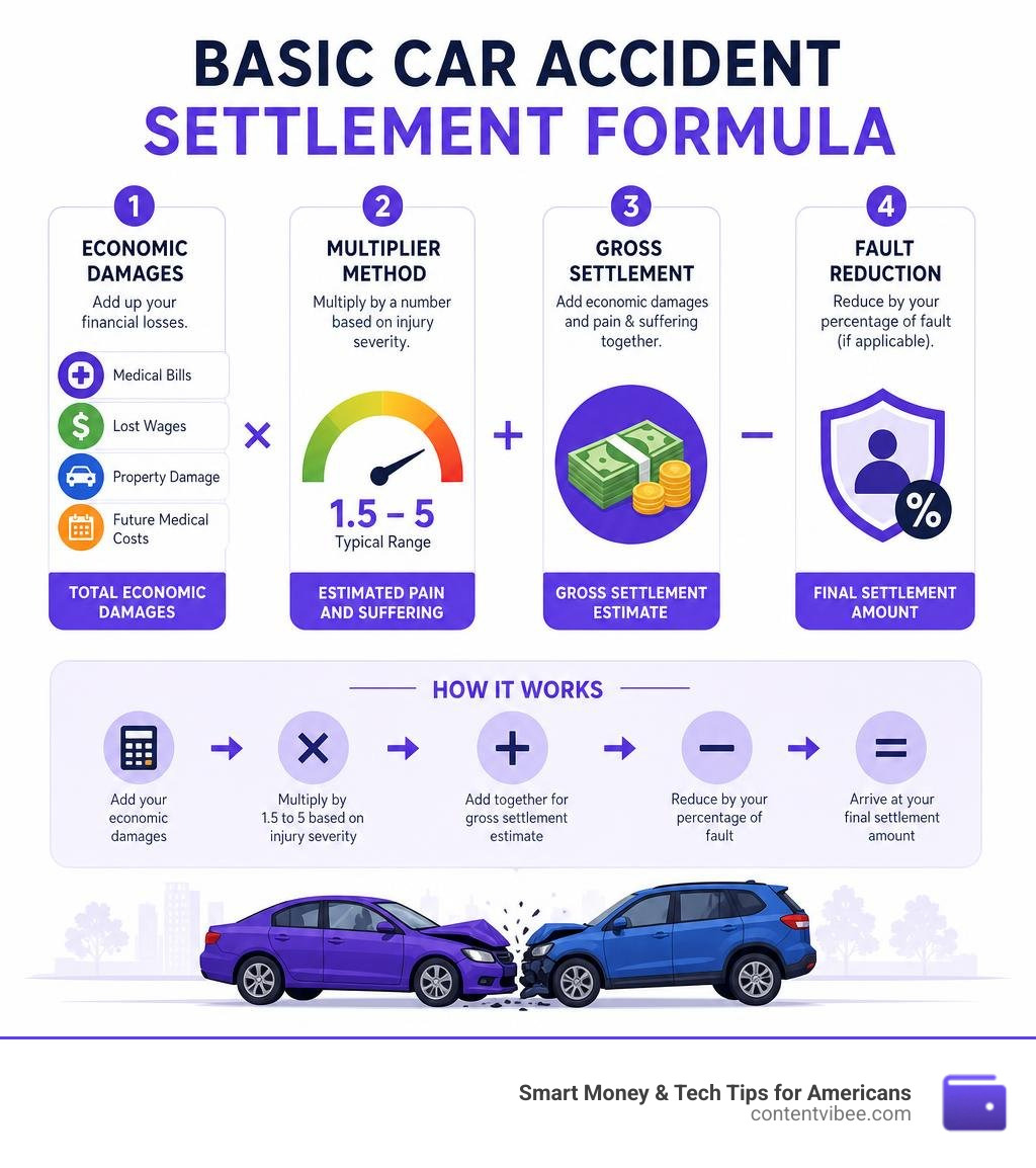 Basic car accident settlement formula: economic damages, multiplier method, pain and suffering, fault reduction infographic