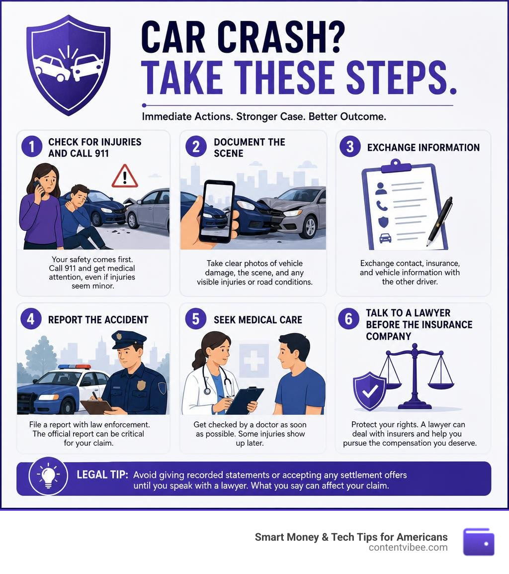 Immediate steps to take after a car crash with key actions and legal tips infographic