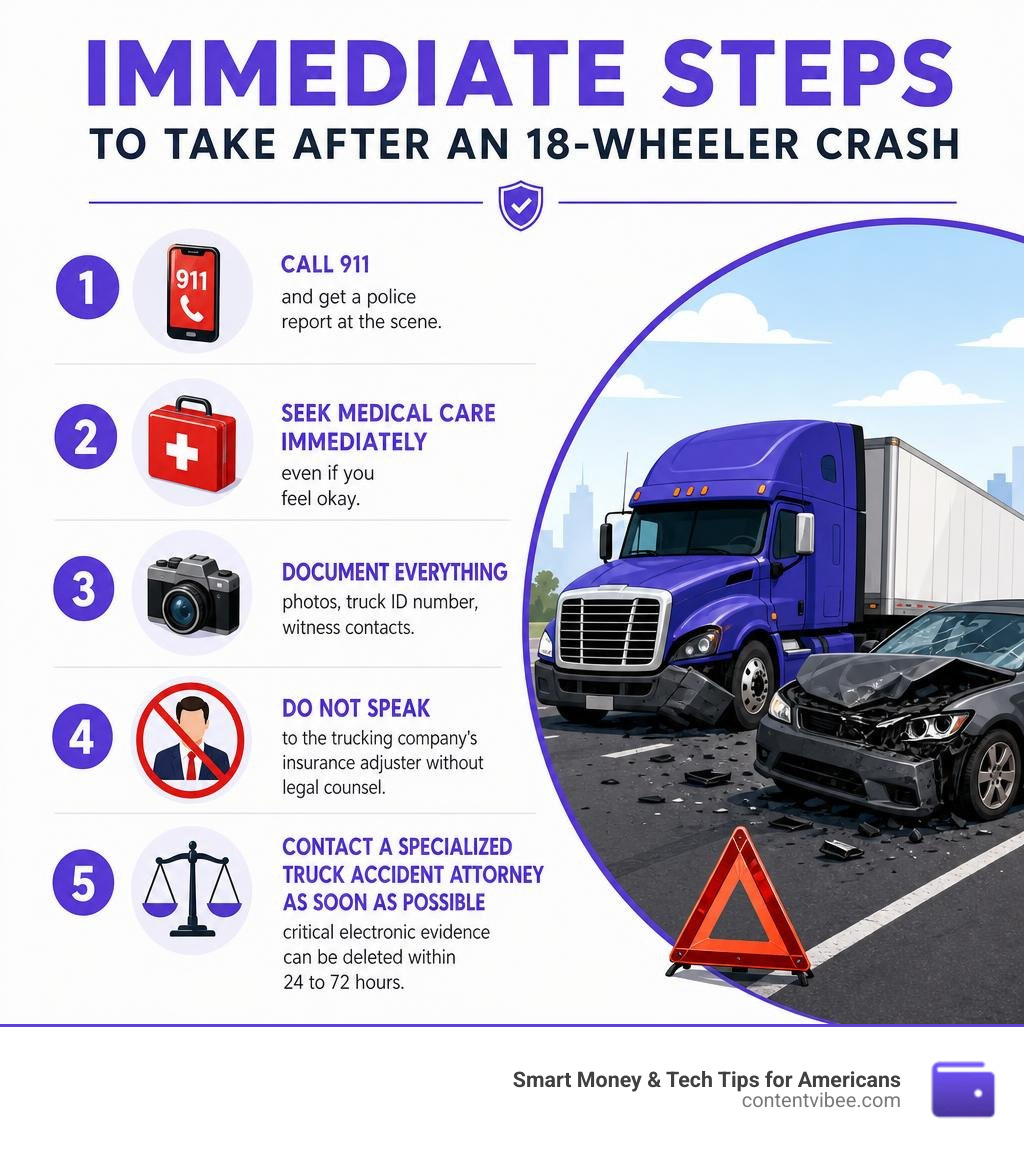 Immediate steps to take after an 18-wheeler crash infographic infographic