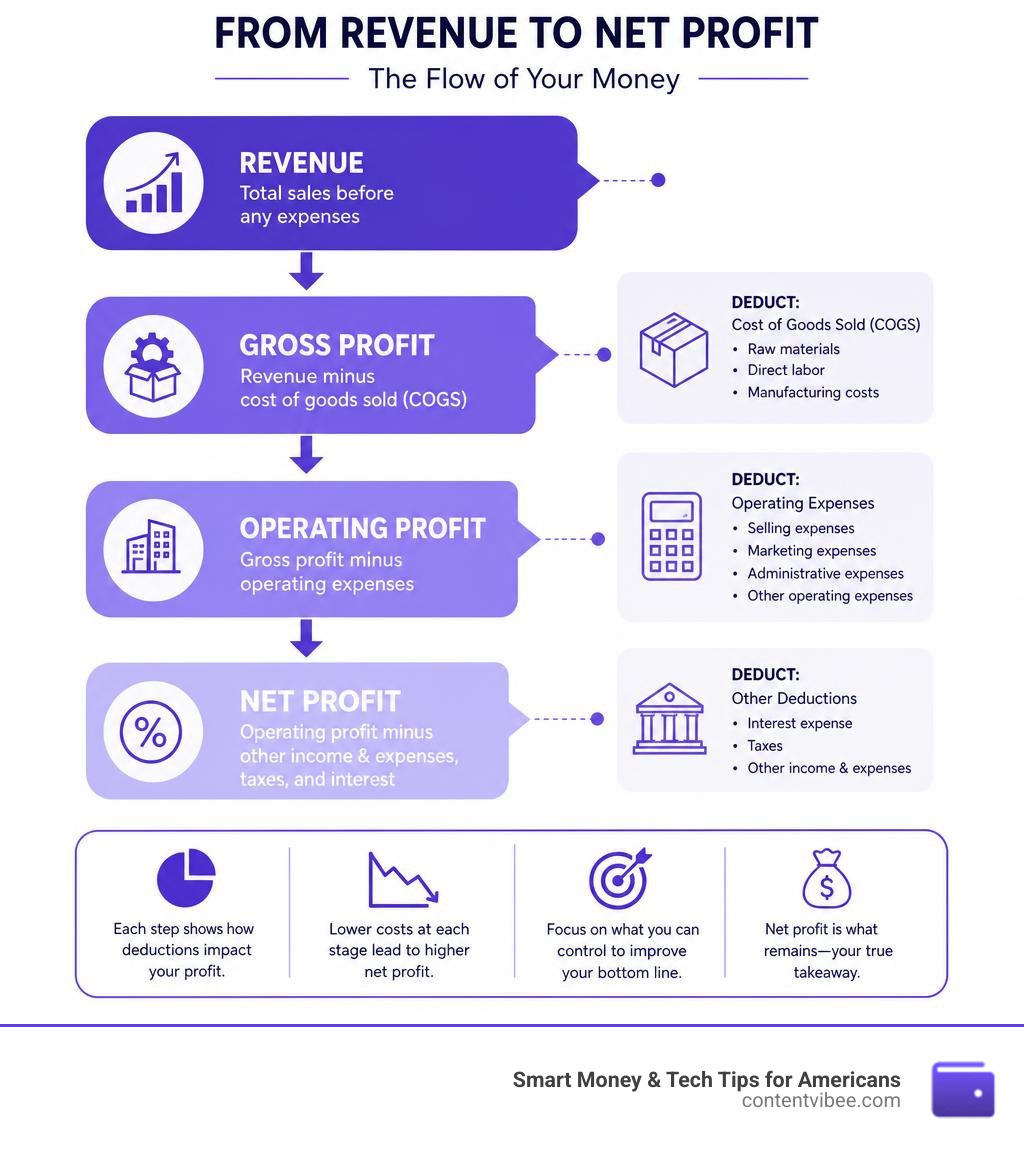 Flow of revenue down to gross profit, operating profit, and net profit with key deductions at each stage infographic