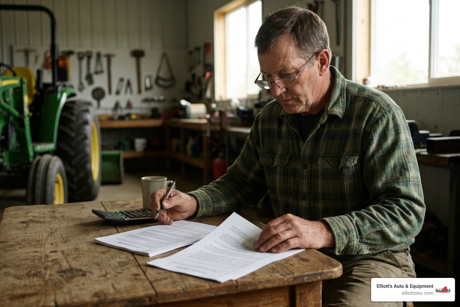 A farmer reviewing tractor loan documents and terms A farmer reviewing tractor loan documents and terms