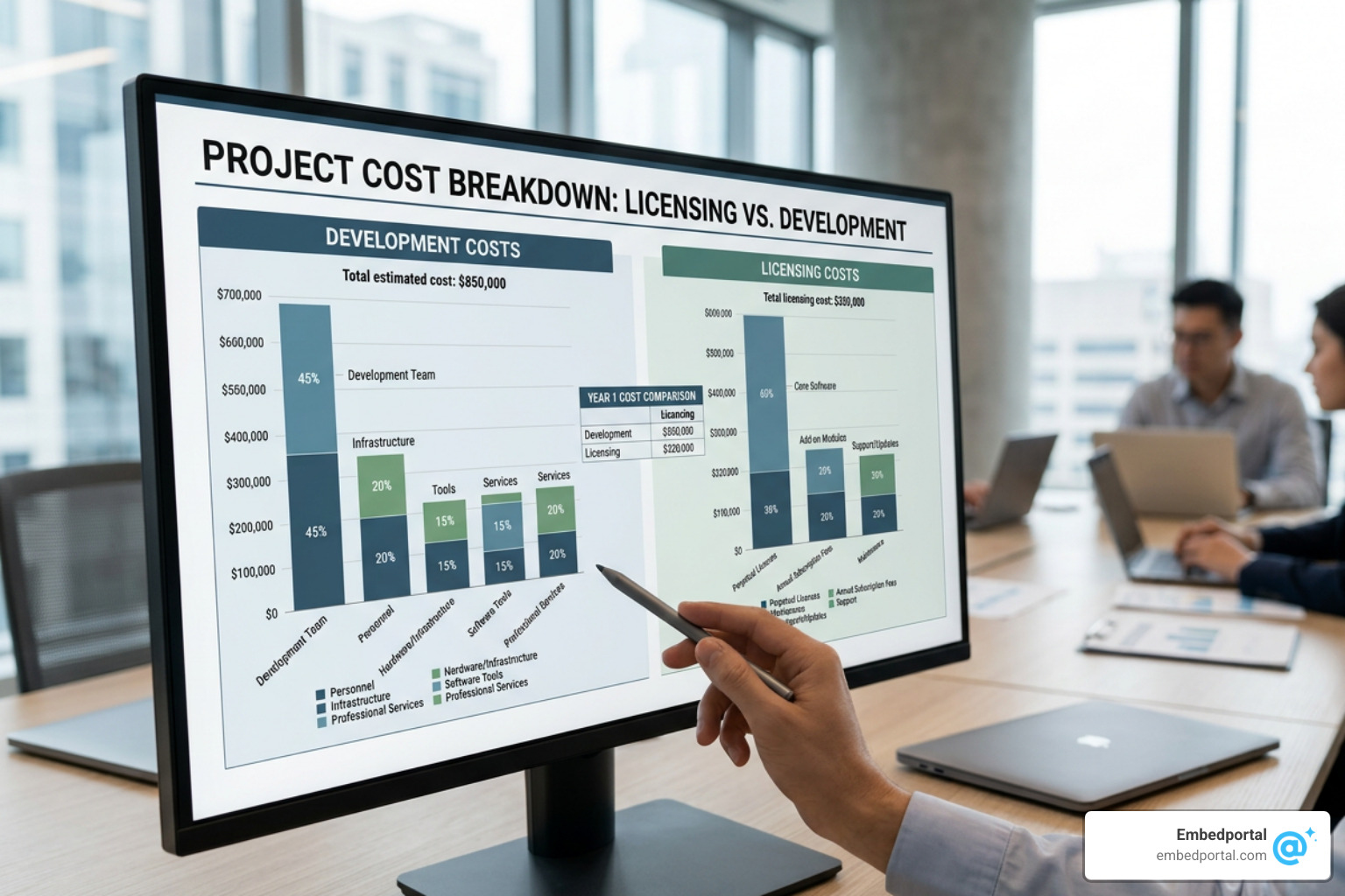 Cost breakdown chart comparing licensing vs development costs Cost breakdown chart comparing licensing vs development costs