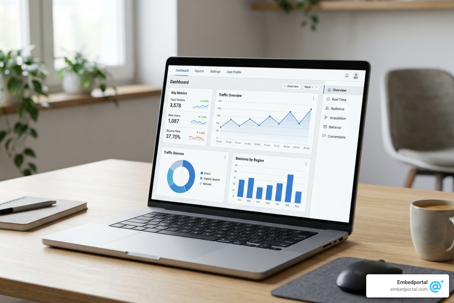 A sleek, modern white-label analytics portal interface showing multiple dashboard views A sleek, modern white-label analytics portal interface showing multiple dashboard views