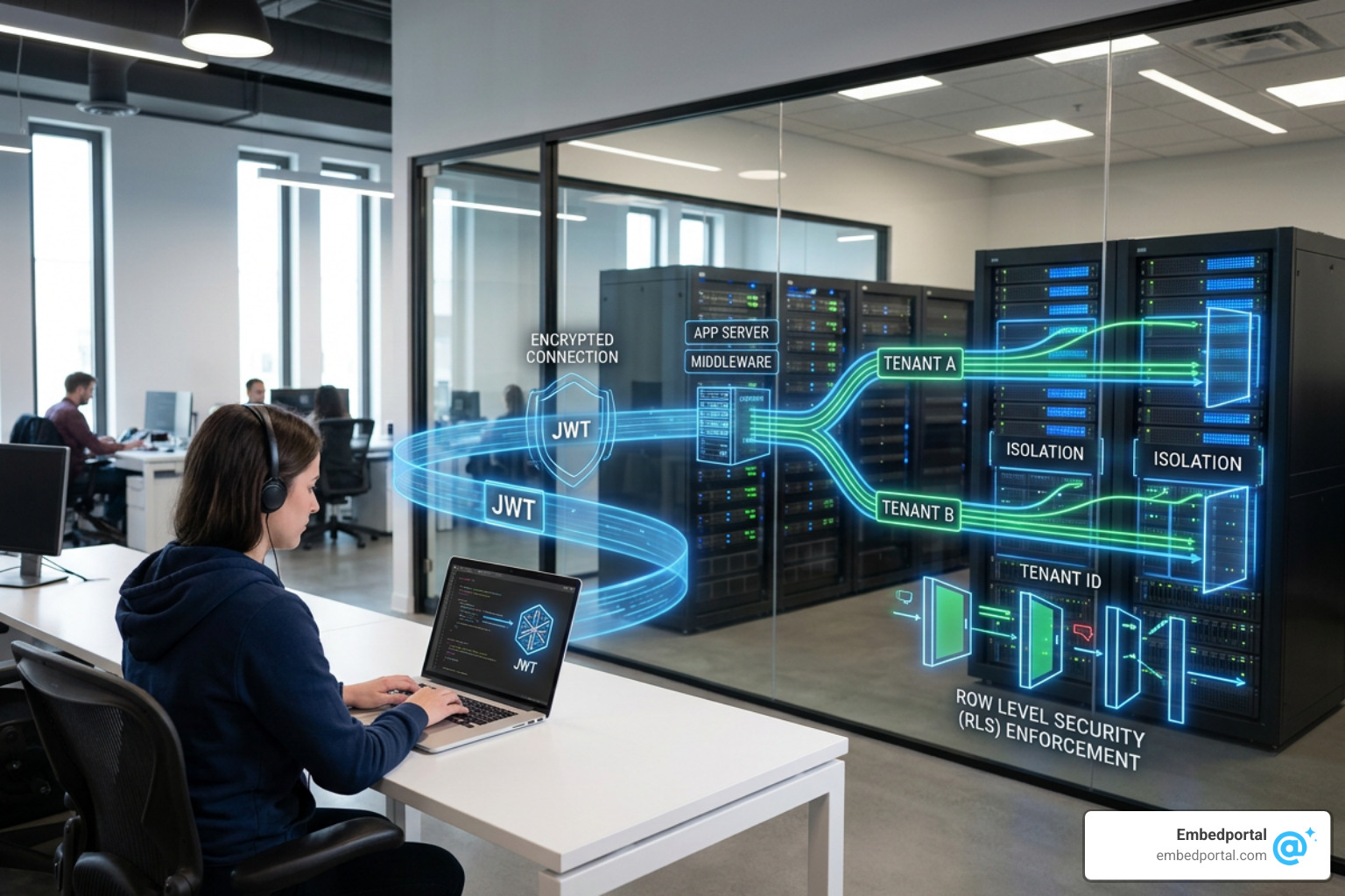 Secure multi-tenant data flow showing JWT generation and RLS enforcement