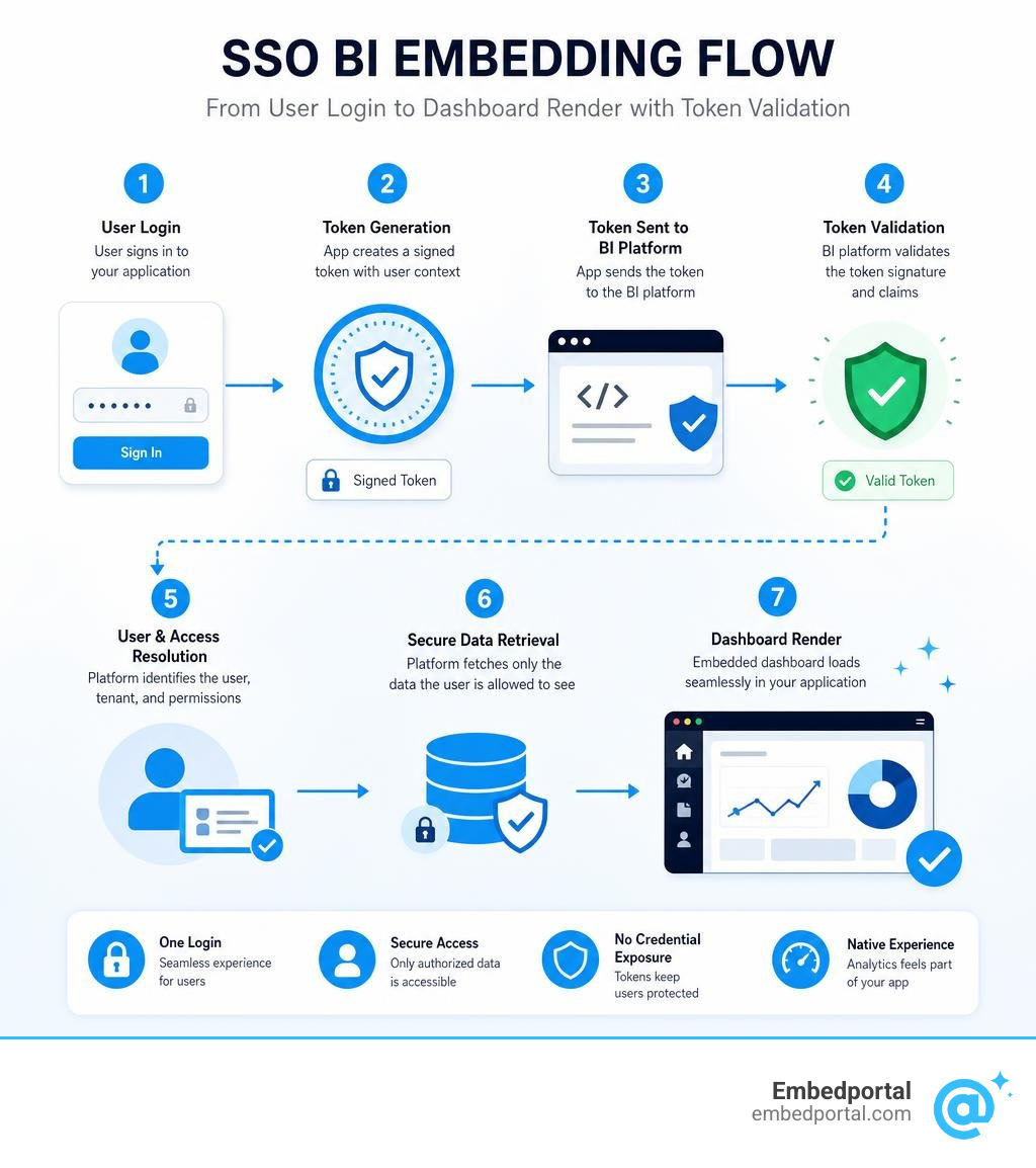 SSO BI embedding flow from user login to dashboard render with token validation steps infographic