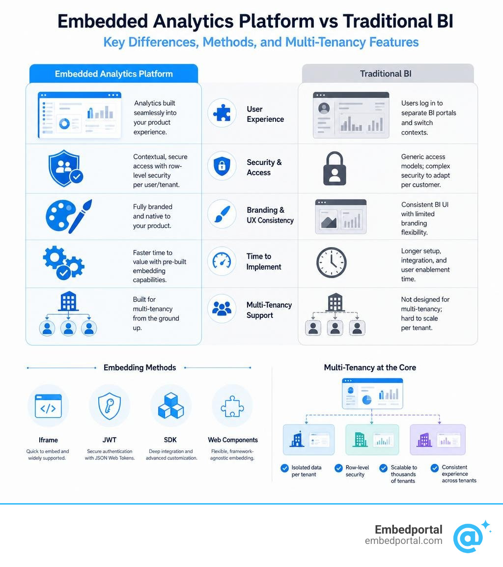 Embedded analytics platform vs traditional BI: key differences, methods, and multi-tenancy features infographic