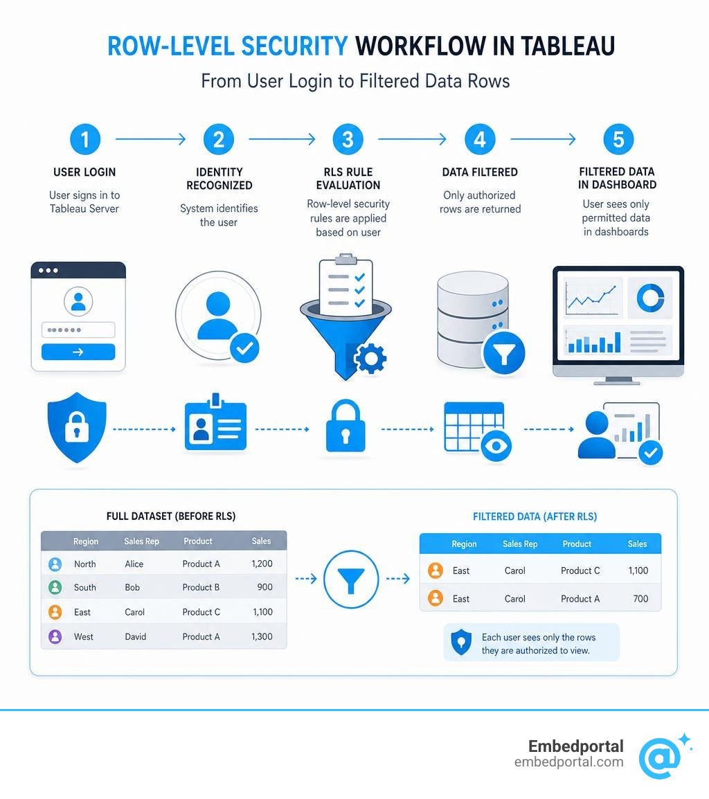 Row-level security workflow in Tableau from user login to filtered data rows infographic
