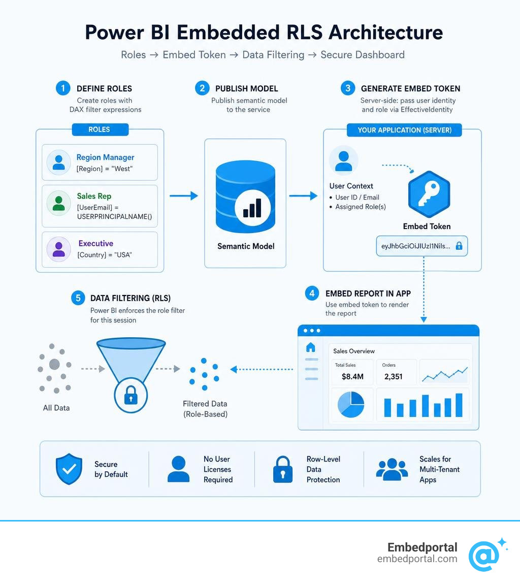 Power BI Embedded RLS architecture showing roles, embed token generation, and data filtering flow infographic