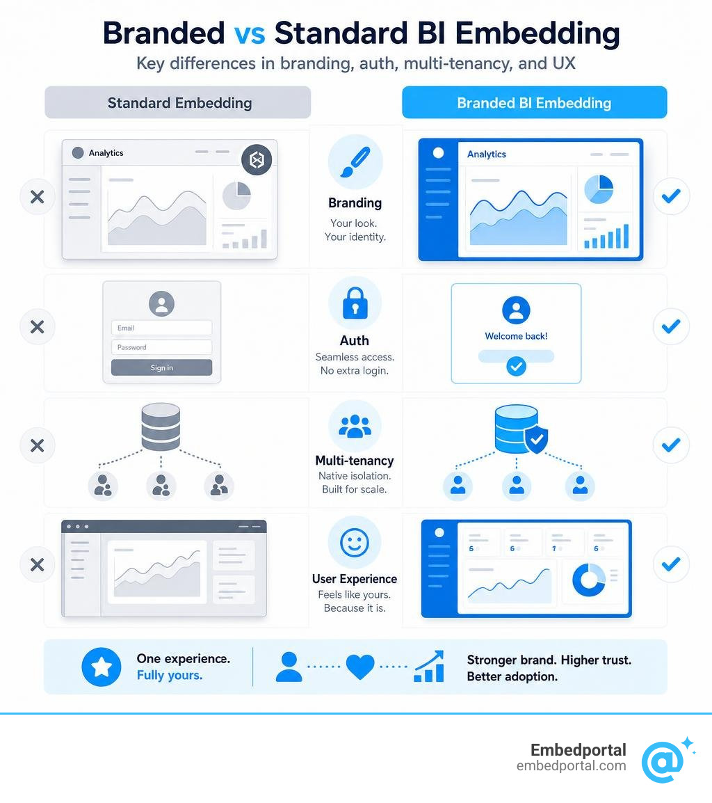 Branded vs standard BI embedding: key differences in branding, auth, multi-tenancy, and UX infographic